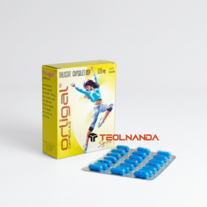 Yellow Orlistat capsules box with a fit, jumping figure on the front and blue capsules in blister packs in the foreground.