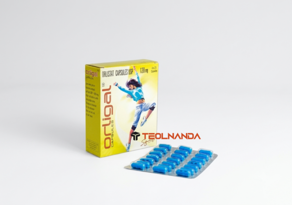 Yellow Orlistat capsules box with a fit, jumping figure on the front and blue capsules in blister packs in the foreground.