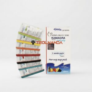 Box of Kamagra oral jelly 100 mg with multiple colorful sachets fanned to the left, packaging labeled Ajanta and 1 week pack on a white background.