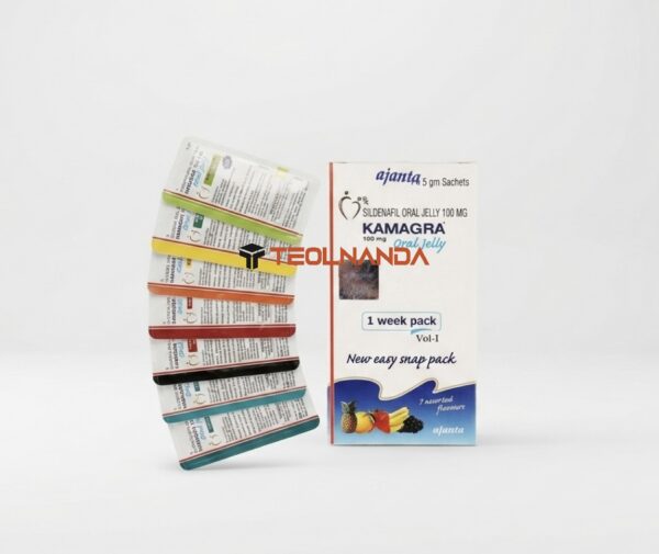 Box of Kamagra oral jelly 100 mg with multiple colorful sachets fanned to the left, packaging labeled Ajanta and 1 week pack on a white background.
