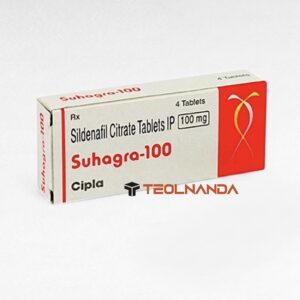Box of Suhagra-100 sildenafil citrate tablets (100 mg), pharmaceutical packaging with red logo and 'Cipla' label, Teolnanda watermark nearby