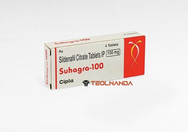 Box of Suhagra-100 sildenafil citrate tablets (100 mg), pharmaceutical packaging with red logo and 'Cipla' label, Teolnanda watermark nearby