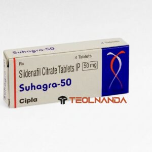 Box of Suhagra-50 Sildenafil Citrate 50 mg tablets (4 tablets) with TeolNanda watermark, pharmaceutical packaging image.