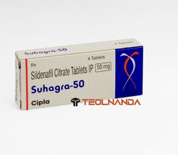 Box of Suhagra-50 Sildenafil Citrate 50 mg tablets (4 tablets) with TeolNanda watermark, pharmaceutical packaging image.