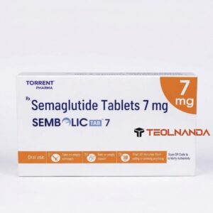 Box of Semaglutide Tablets 7 mg with Torrent Pharma branding, blue text on white, orange 7 mg badge at the corner