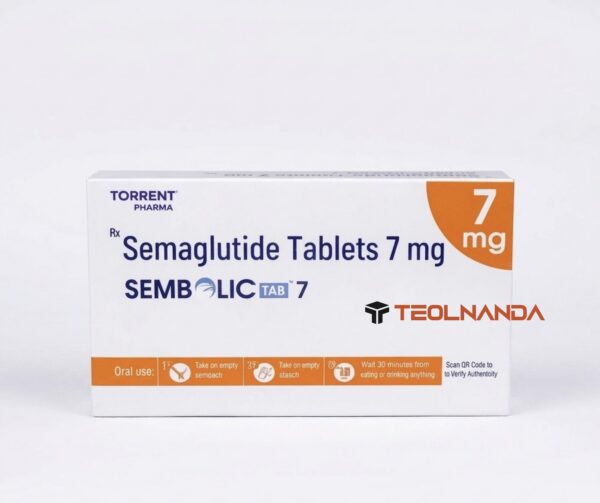 Box of Semaglutide Tablets 7 mg with Torrent Pharma branding, blue text on white, orange 7 mg badge at the corner