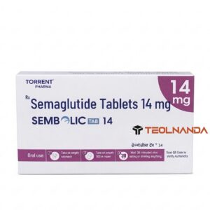 Box of Semaglutide Tablets 14 mg with Torrent Pharma branding and a TEOLNANDA watermark on the lower right corner