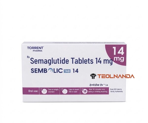 Box of Semaglutide Tablets 14 mg with Torrent Pharma branding and a TEOLNANDA watermark on the lower right corner