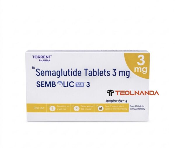 Box of Semaglutide Tablets 3 mg (Semblic Tab 3) with yellow 3 mg label, TeolNanda branding visible on the front.
