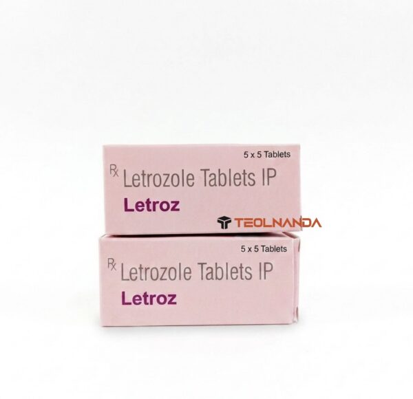 Two pink boxes labeled Letrozole Tablets IP stacked on a white background, brand name Letroz highlighted.