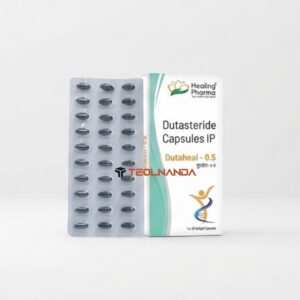 Dutasteride capsules in a blister pack beside a Healing Pharma box labeled Dutasteride Capsules IP (Dutaheal-0.5).