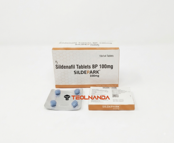 Box of Sildenafil Tablets BP 100mg (SILDEPARK) with blue tablets in blister pack on white background