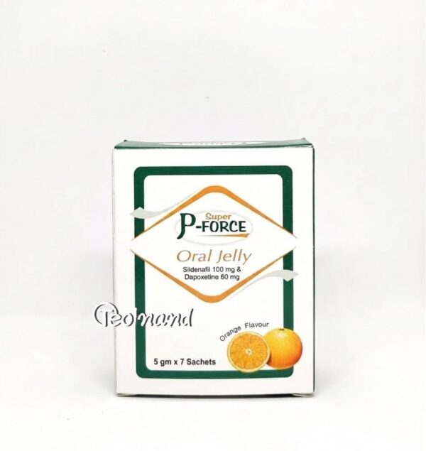 Box of P-Force Oral Jelly for ED/PE with orange flavor; sildenafil 100 mg and dapoxetine 60 mg per sachet, 5 g x 7 sachets (front view).